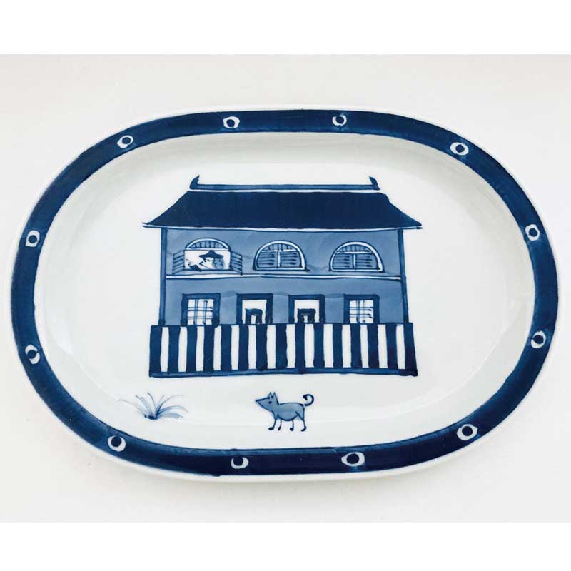 異人館小判プレート　青花　有田焼