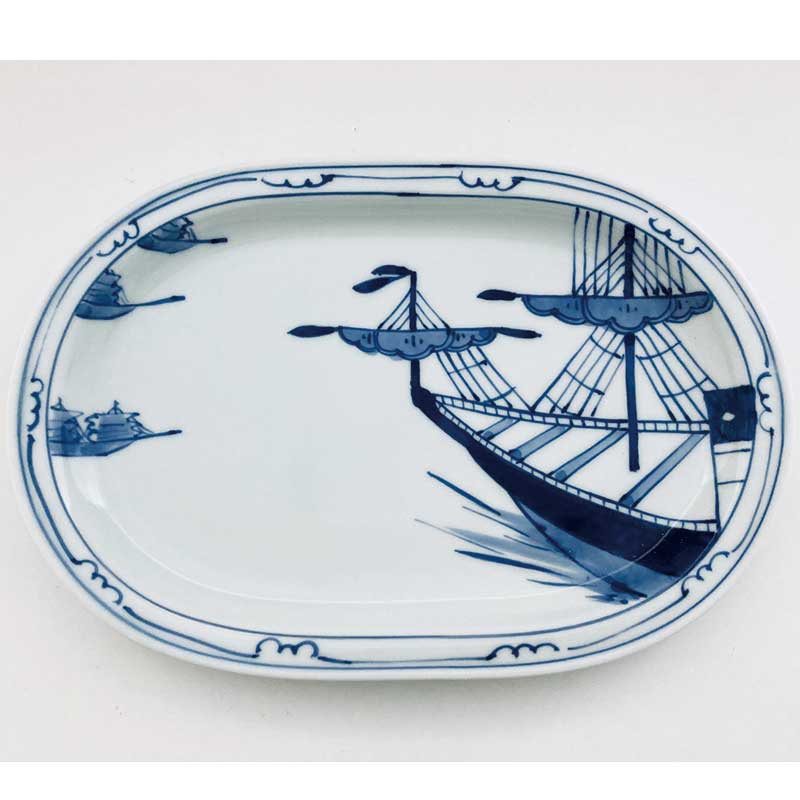 出船帆船小判プレート　青花　有田焼