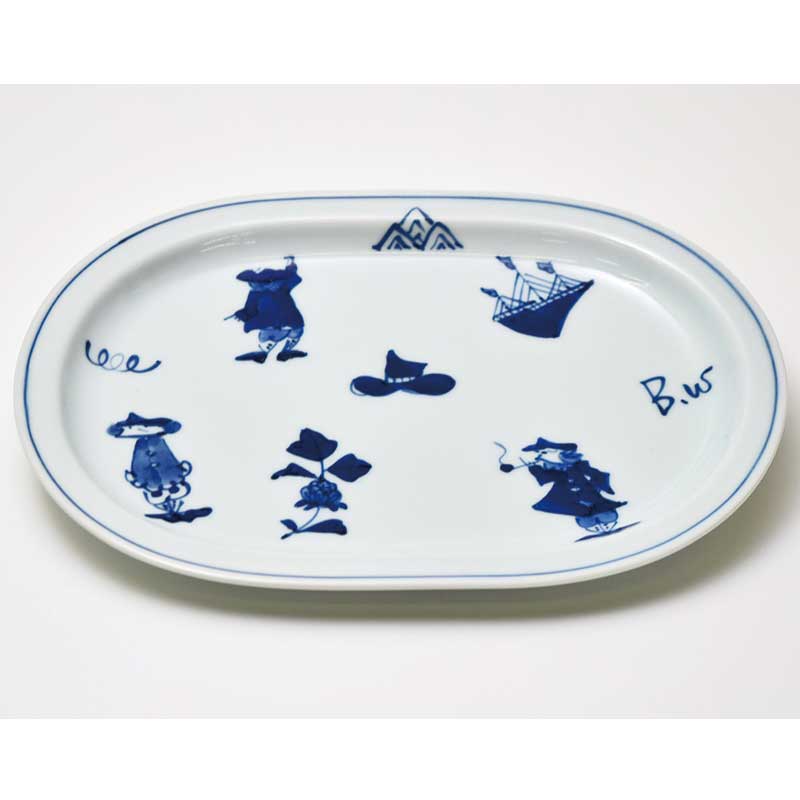 異人づくし小判プレート　青花　有田焼