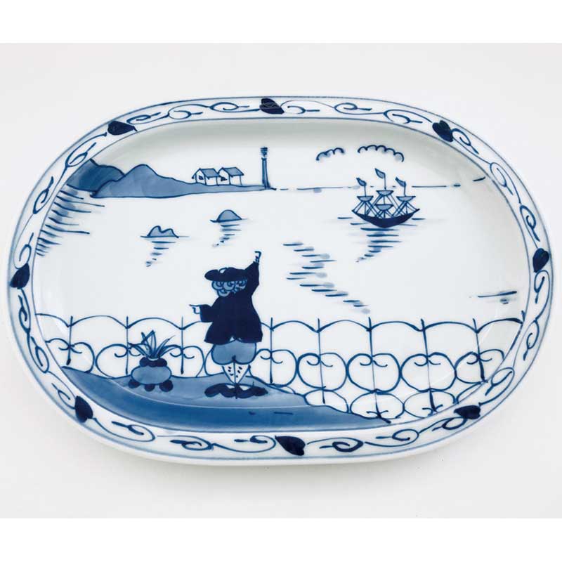 後姿小判プレート　青花　有田焼