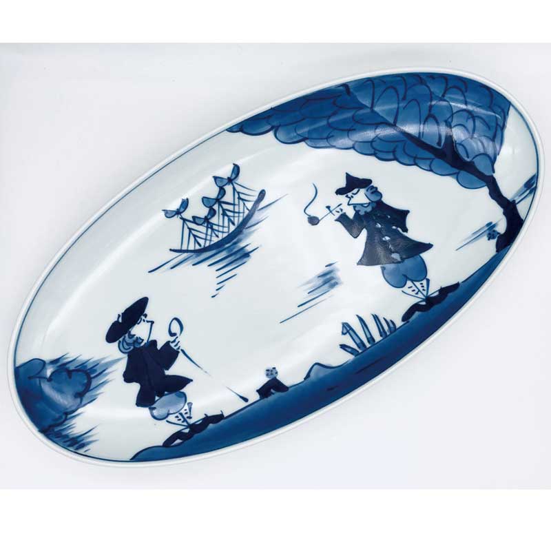 二人異人小判パーティートレイ 　青花　有田焼