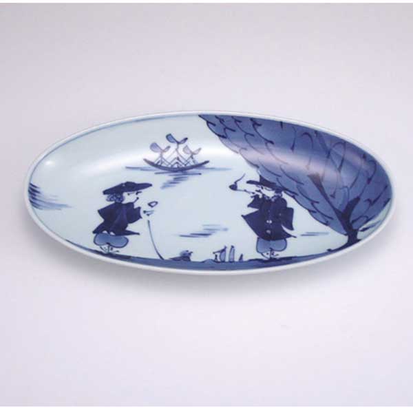 二人異人小判焼皿　青花　有田焼