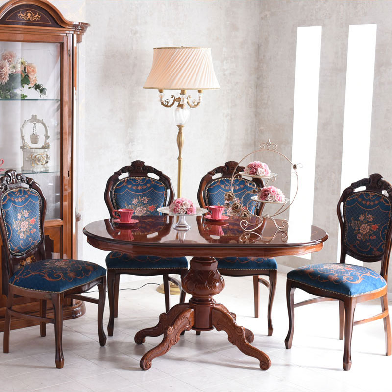 象嵌・猫脚135cmテーブルのドルチェ ローズQUEENダイニング5点セット(ブルーローズ)