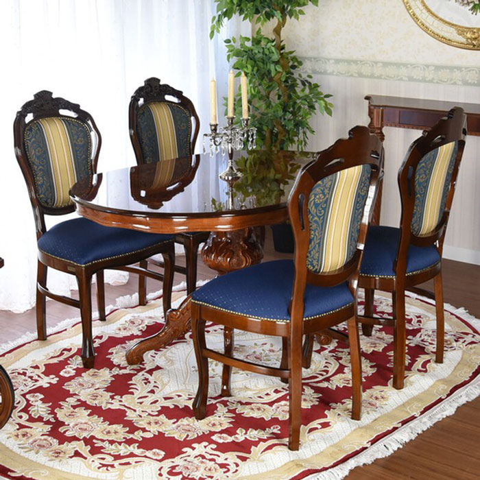 イタリア製　象嵌・猫脚135cmテーブルのヨーロピアンブルーのエレガントなダイニング5点セット