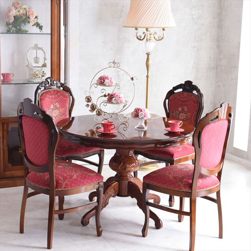 イタリア製 象嵌・猫脚110φテーブルのドルチェ ローズQUEENダイニング5点セット(レッド)
