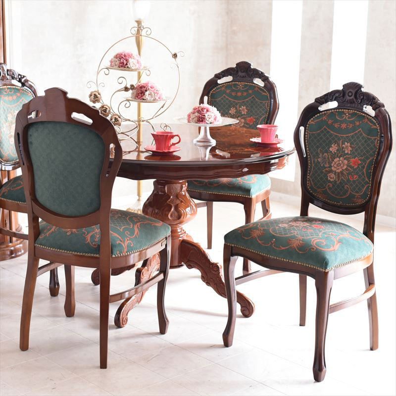 イタリア象嵌・猫脚110φテーブルのドルチェ ローズQUEENダイニング5点セット(グリーンローズ)
