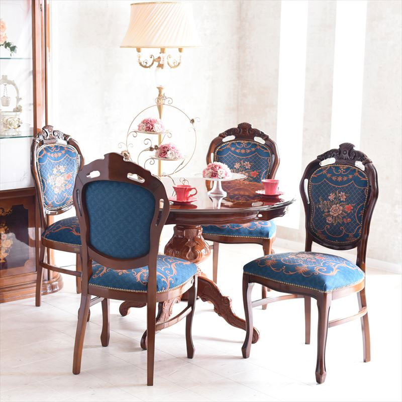 イタリア象嵌・猫脚110φテーブルのドルチェ ローズQUEENダイニング5点セット(ブルーローズ)