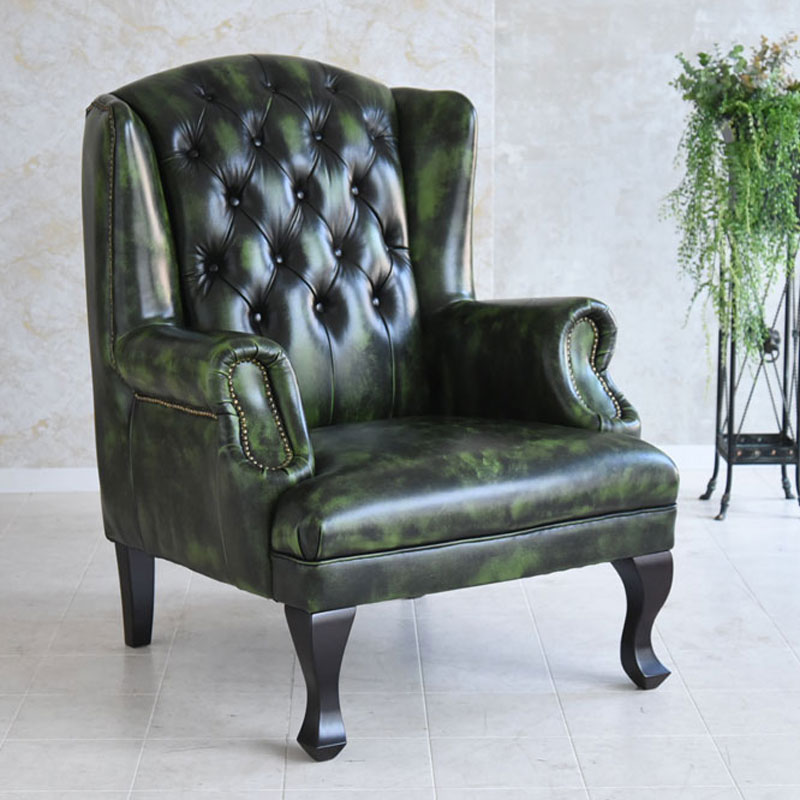 ドイツ製本革レザー　ウイングチェア　ブリュッセル ウオッシュオフGREEN