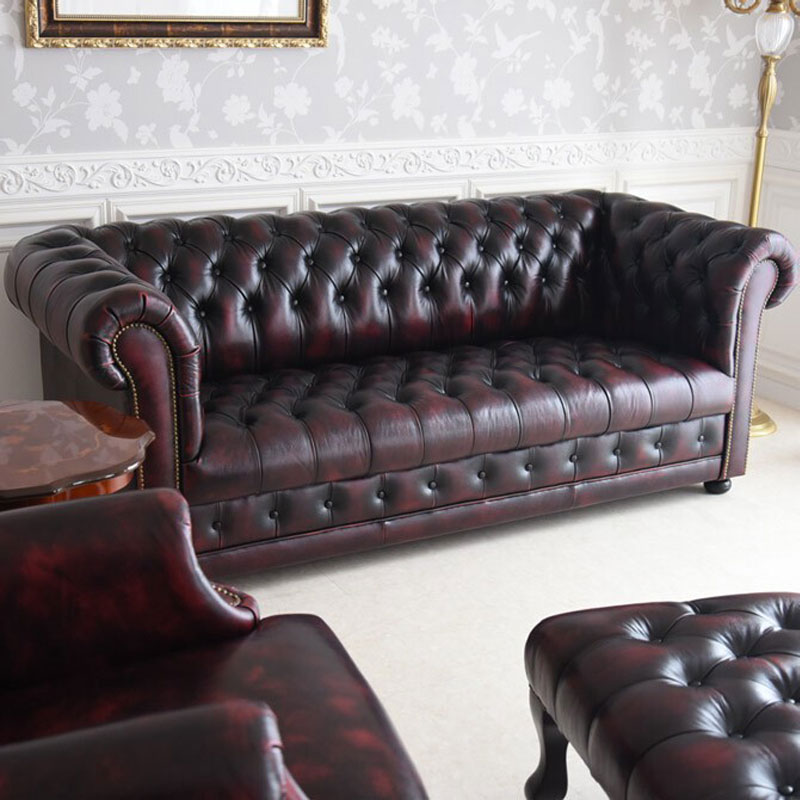 ドイツ製本革レザー　チェスター3人掛けソファー ウオッシュオフBURGUNDY