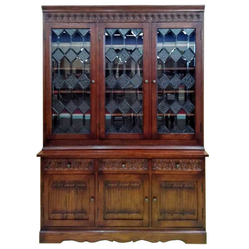 ステンドガラスを配したアンティーク調カップボード(ダイニングボード)150　輸入家具　【送料無料】