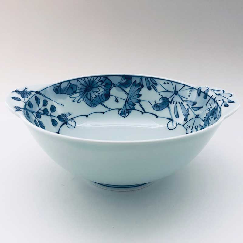 草花耳付丼(大) 　青花　有田焼