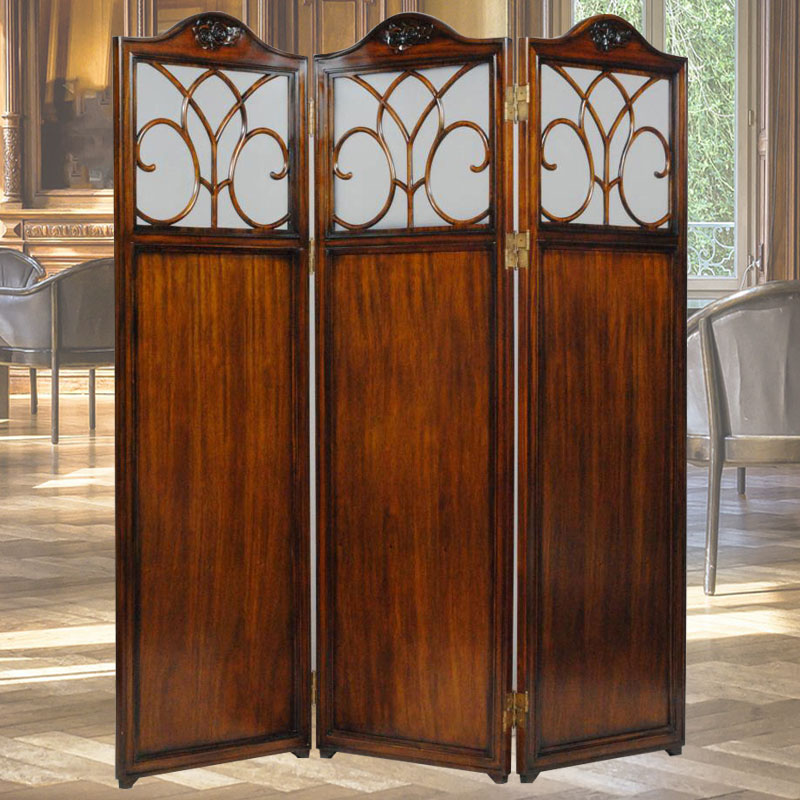 高級マホガニー材で作られた3折屏風(スクリーン)　木面【輸入家具】