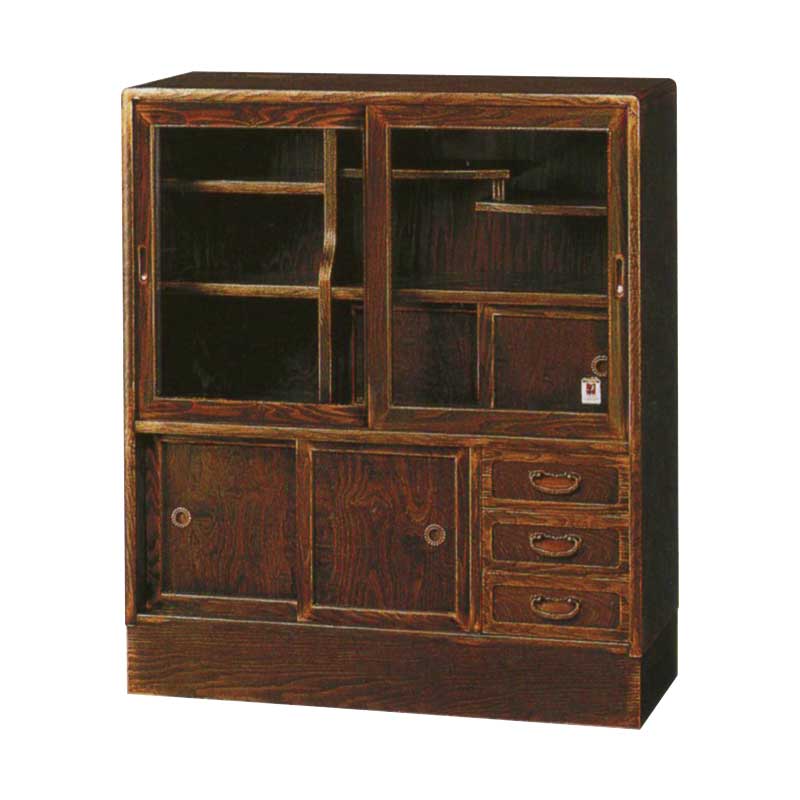 幅79cmとコンパクトサイズのケヤキ突板仕様の和茶棚　都　アンティーク仕上げ