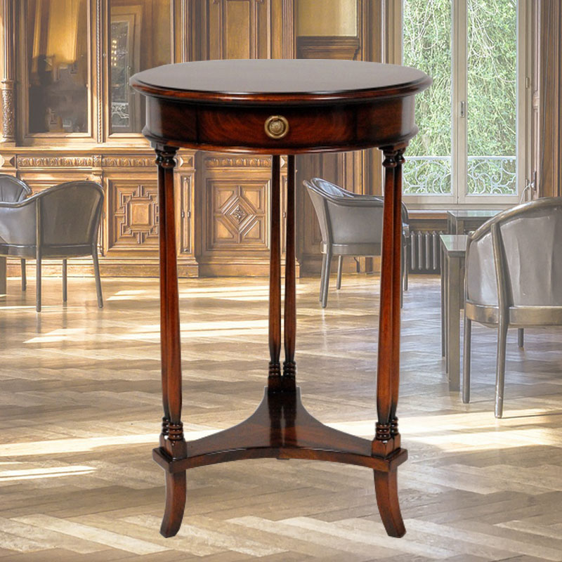 高級マホガニー材で作られた丸型電話台(引出一杯付)【輸入家具】