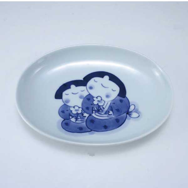 ふたりっこ小判銘々皿 　青花　有田焼