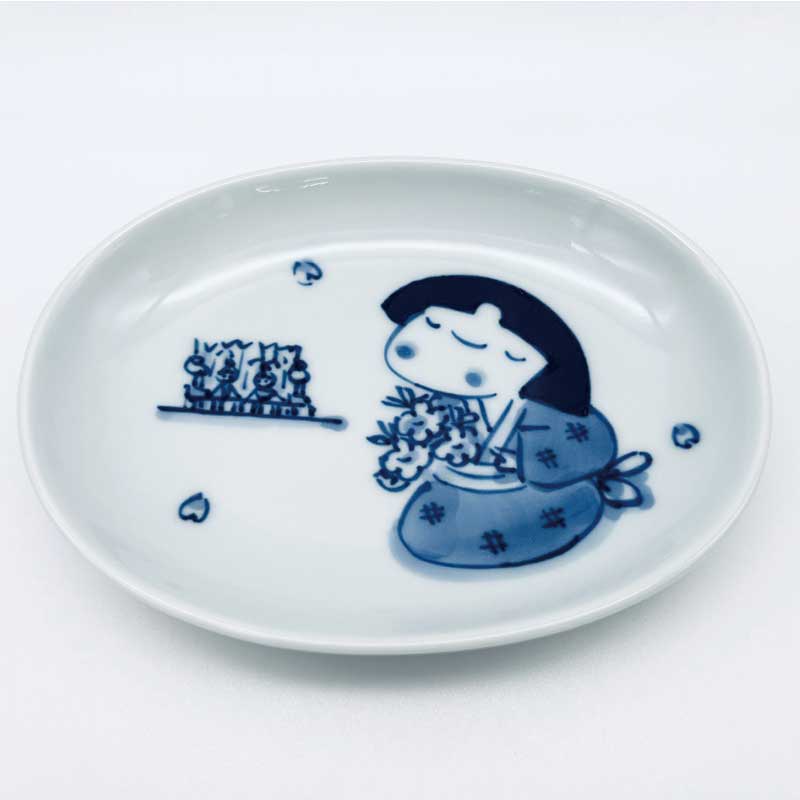 ひなまつり小判小皿　青花　有田焼