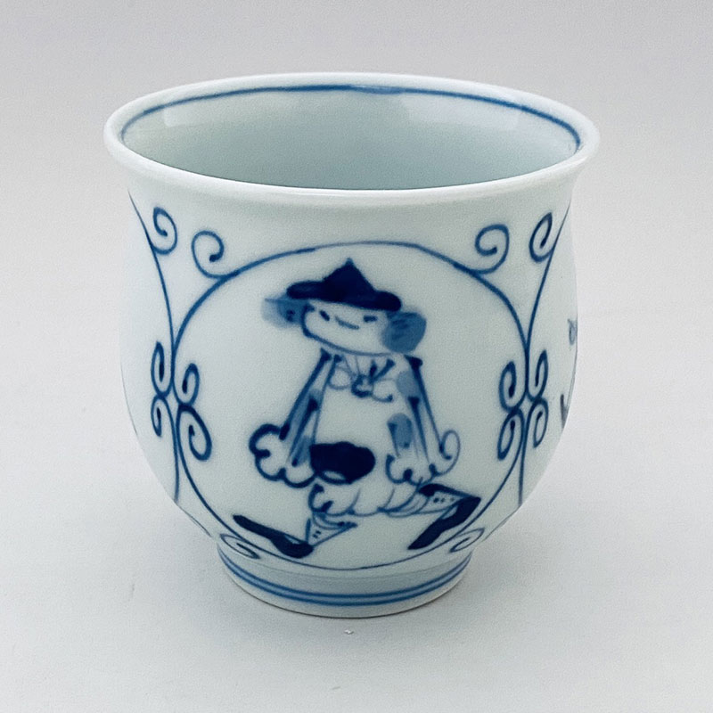 間取南蛮図反小湯呑　青花　有田焼