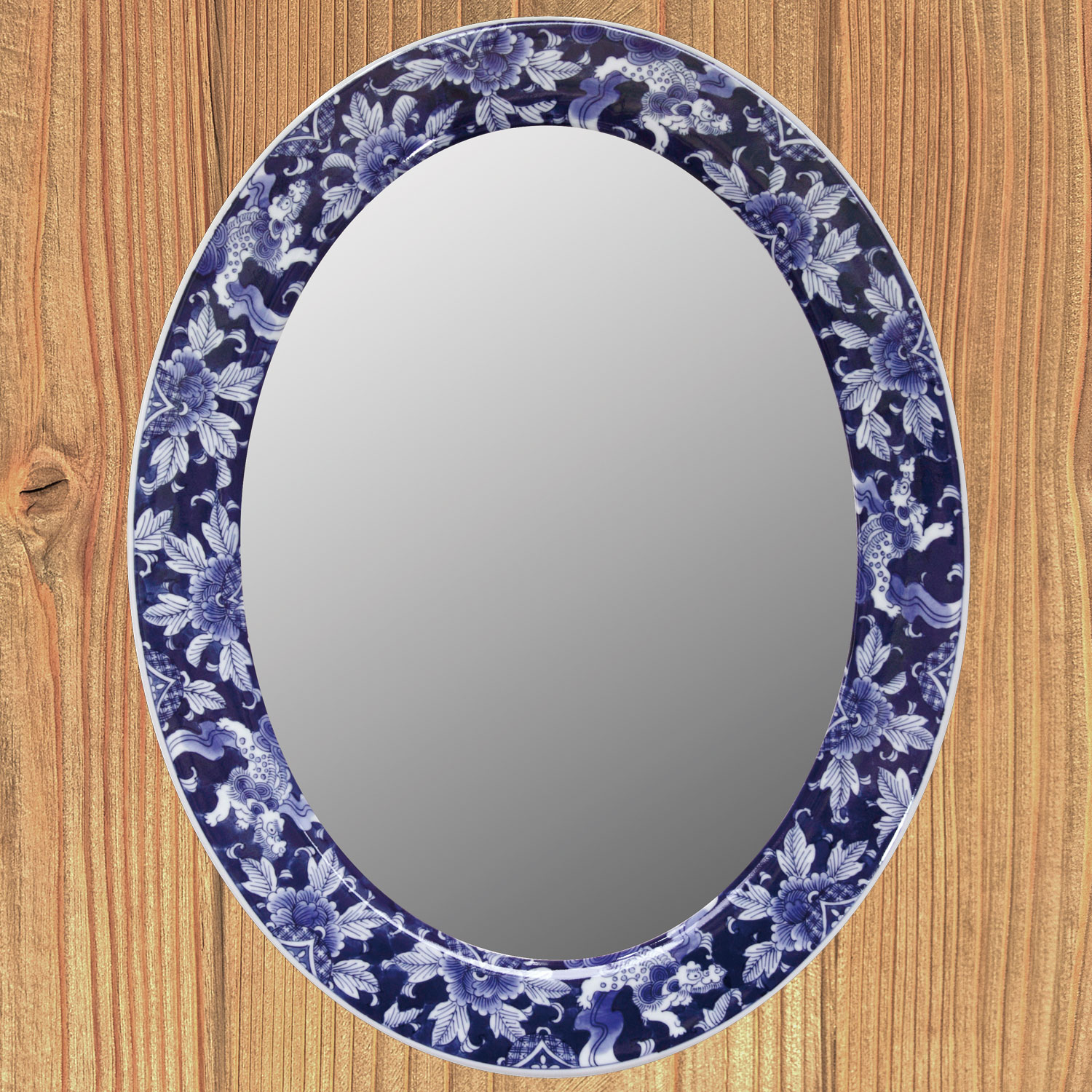 有田焼のミラー(カガミ)　染付薔薇唐草絵鏡 400×510