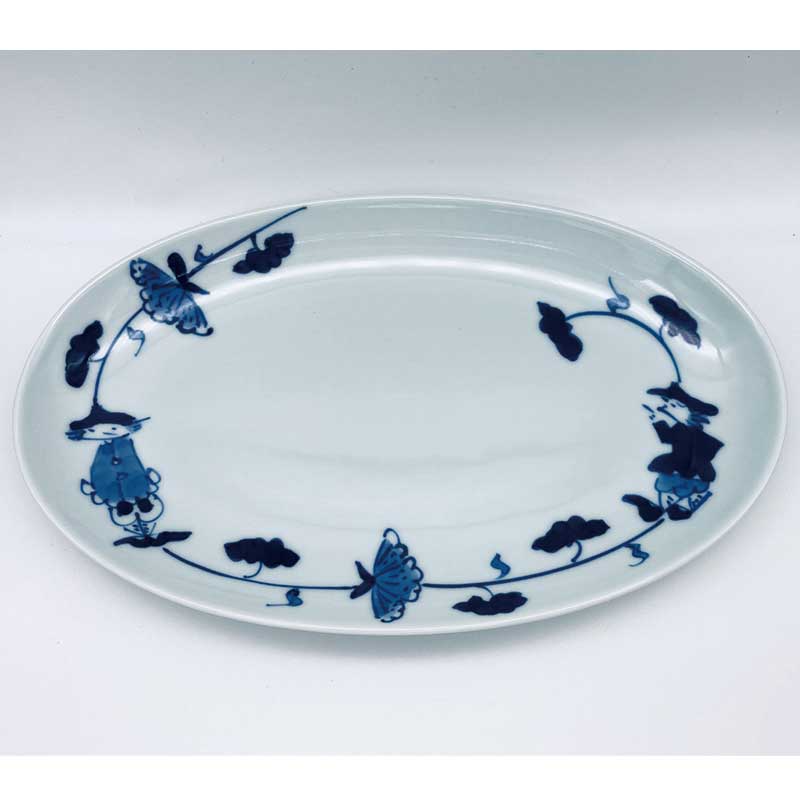 牡丹唐草異人小判幅広焼皿　青花　有田焼