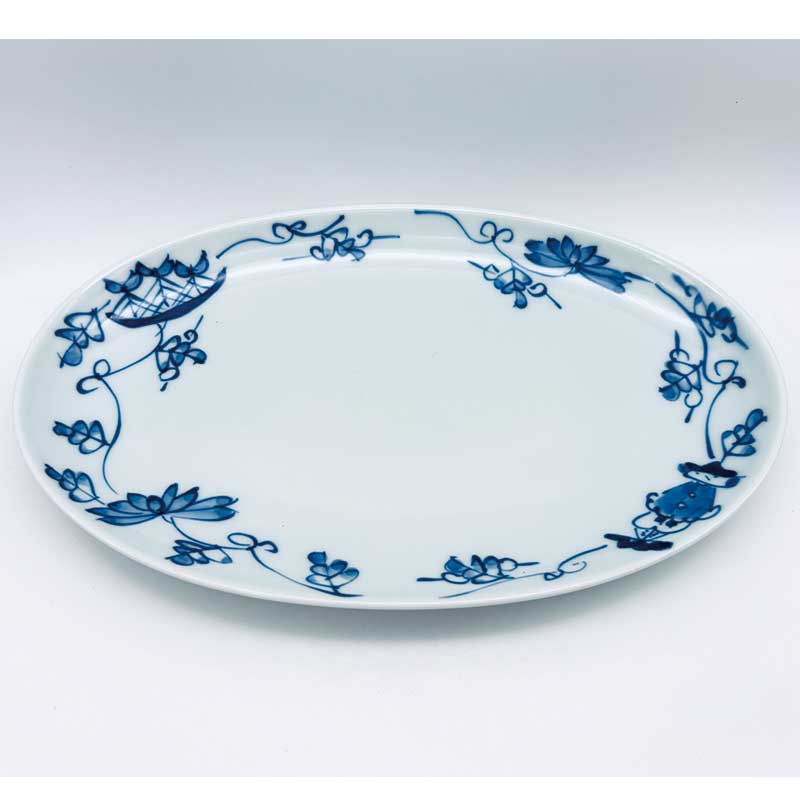 唐草異人小判幅広焼皿　青花　有田焼