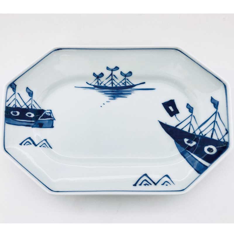 オランダ船八角長角皿　青花　有田焼