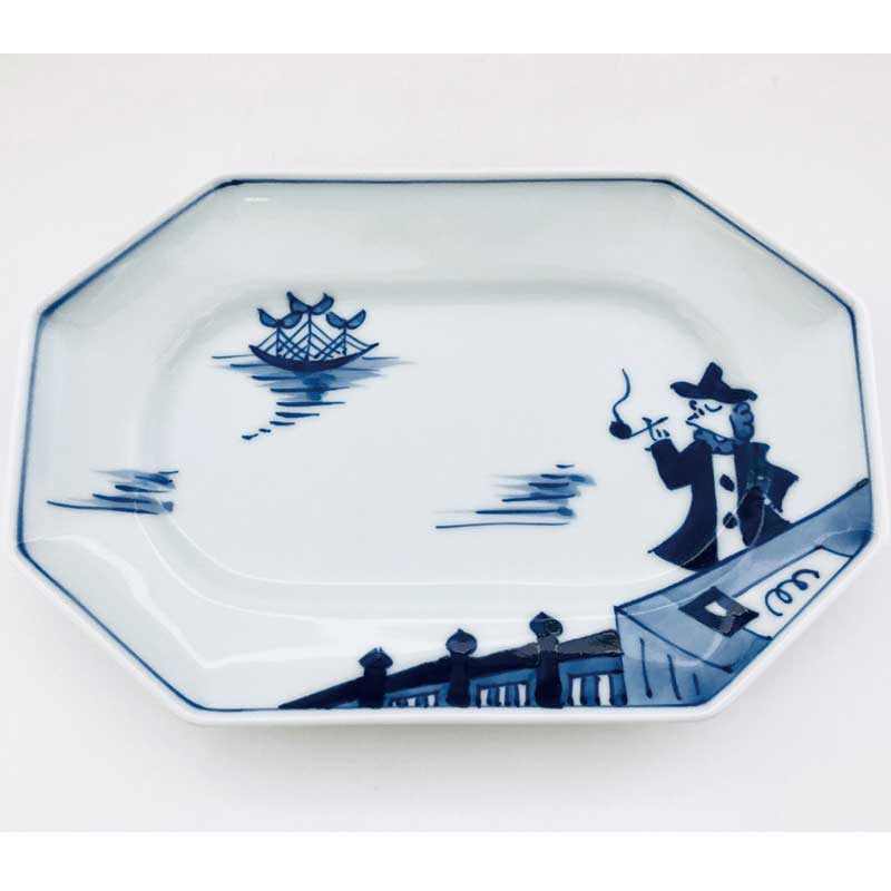 便り異人八角長角皿　青花　有田焼