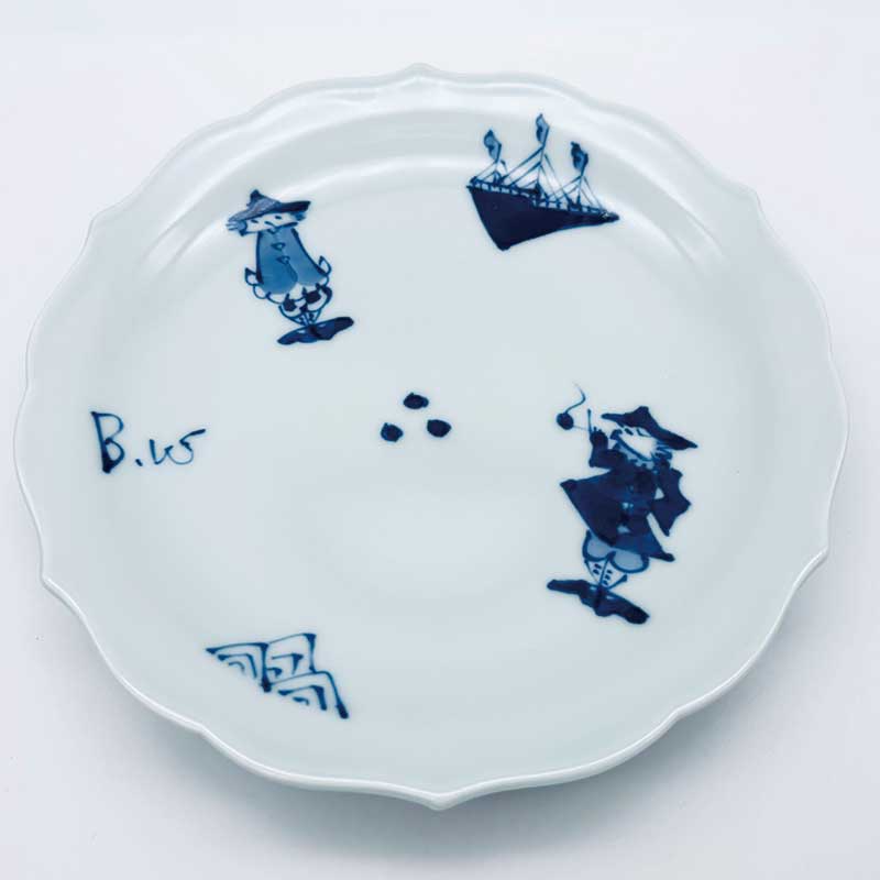 異人づくし桔梗渕台皿　青花　有田焼