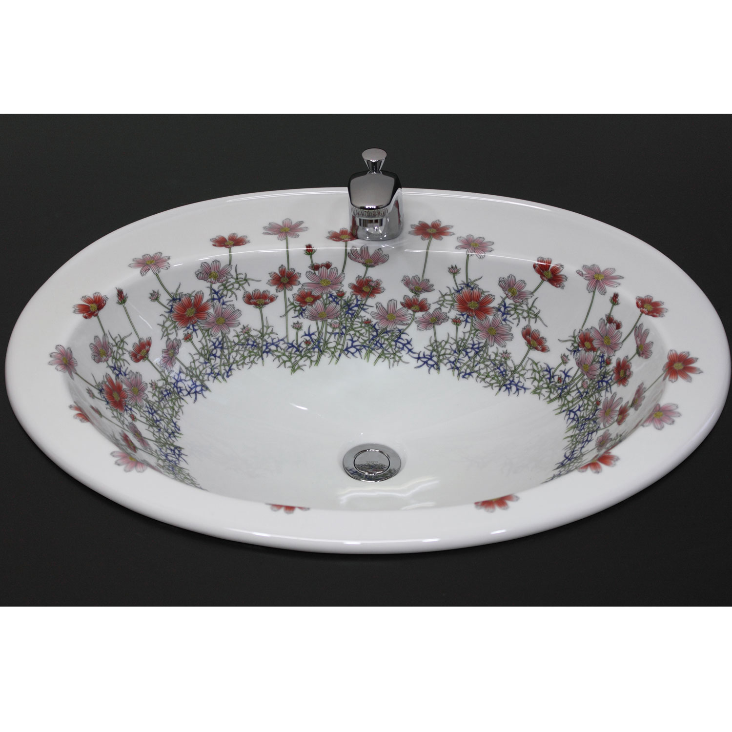 有田焼の楕円型洗面ボウル　600-色彩こすもす絵楕円型