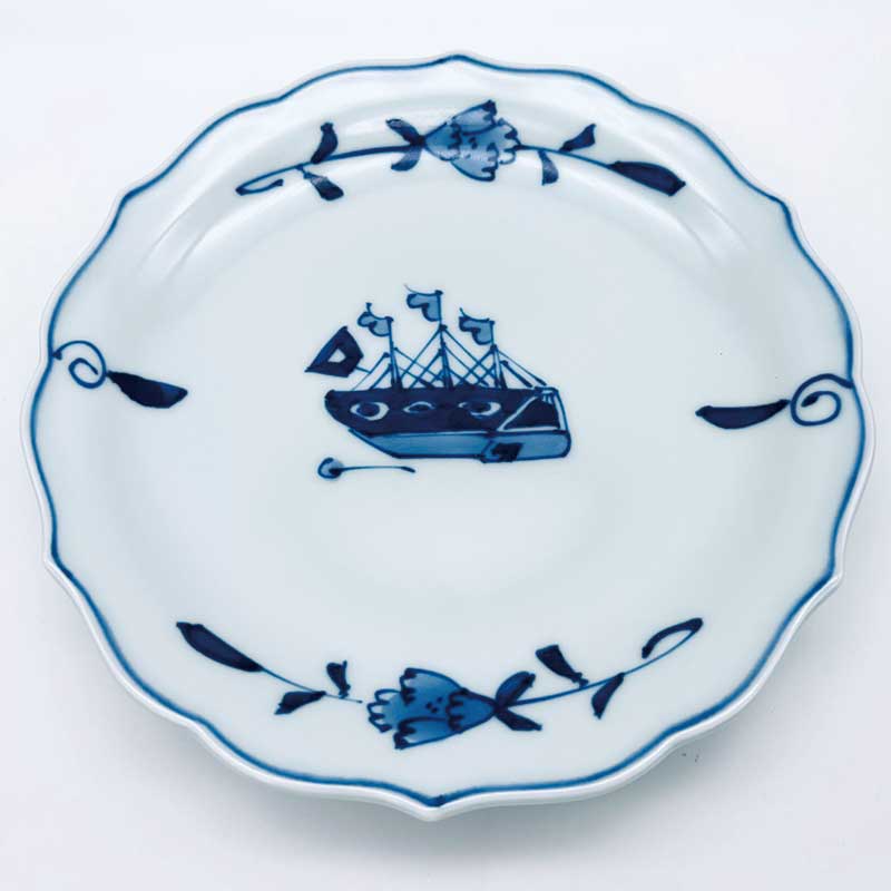 大航海桔梗渕台皿　青花　有田焼