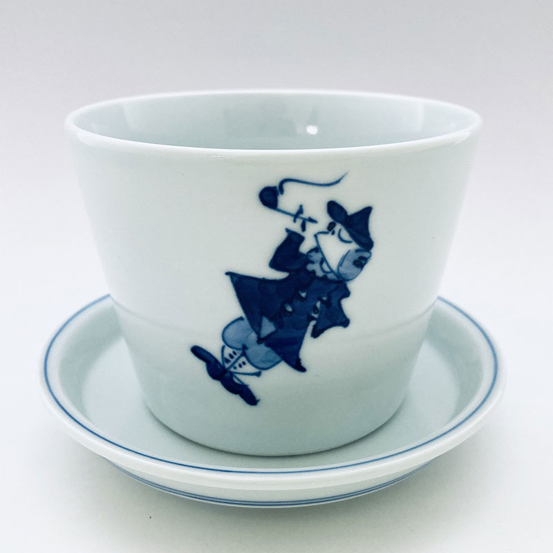 パイプ異人フラワーポット(底穴有)　受け皿付き　青花　有田焼