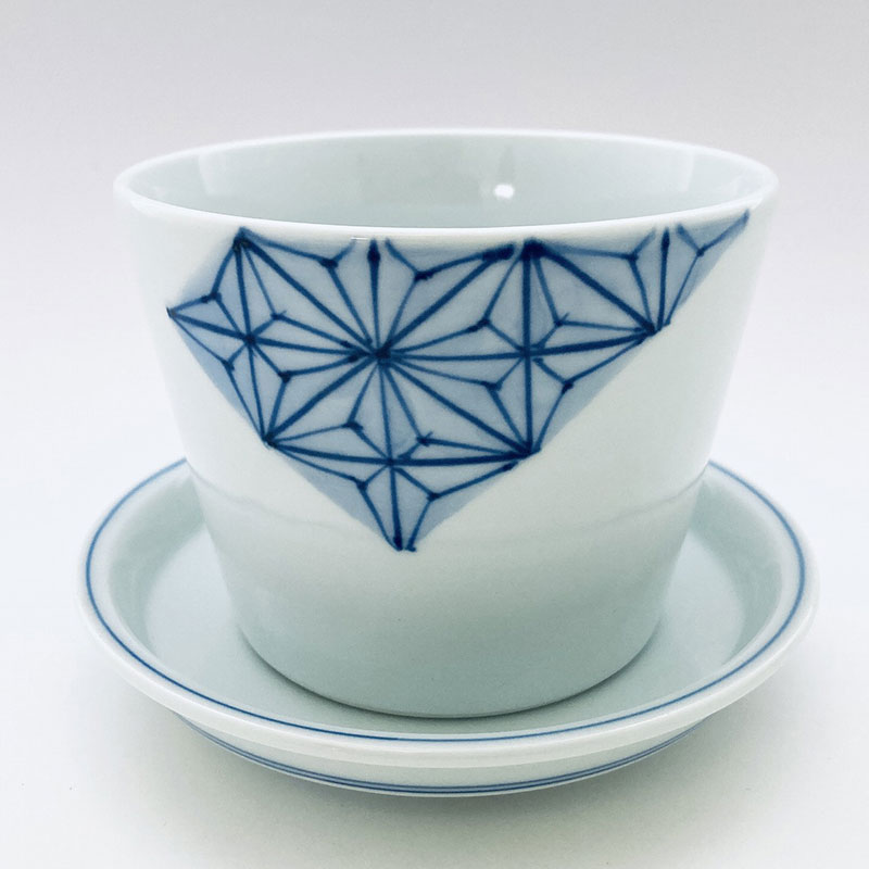 麻の葉フラワーポット(底穴有)　受け皿付き　青花　有田焼