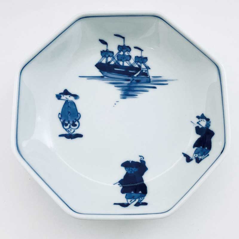 三人異人と帆船 正八角5寸皿　青花　有田焼