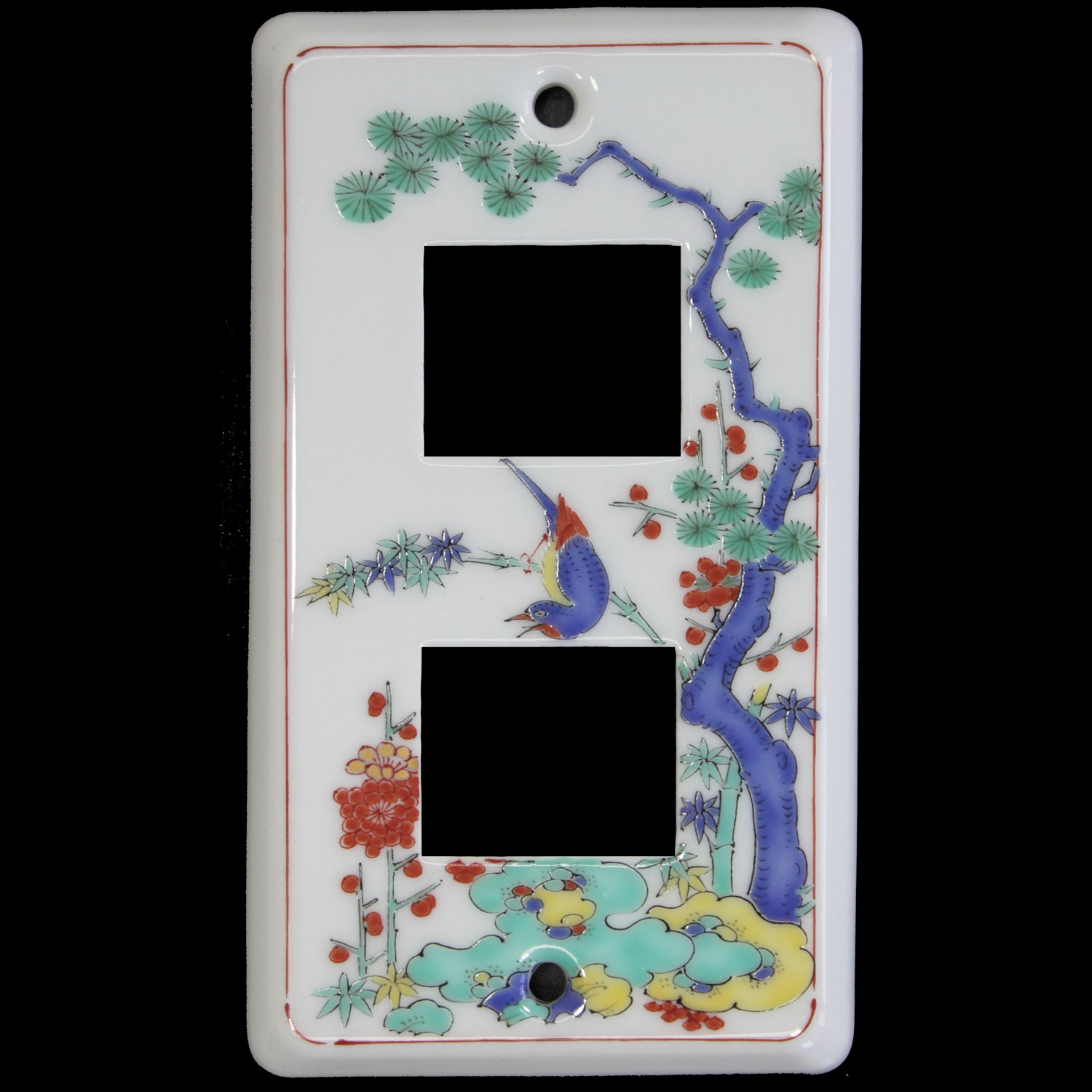 有田焼スイッチカバー(スイッチプレート)　2ツ穴　色絵松竹梅花鳥絵