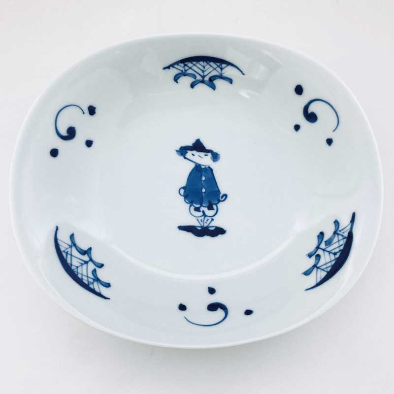 濃マント異人両切サラダ皿 　青花　有田焼