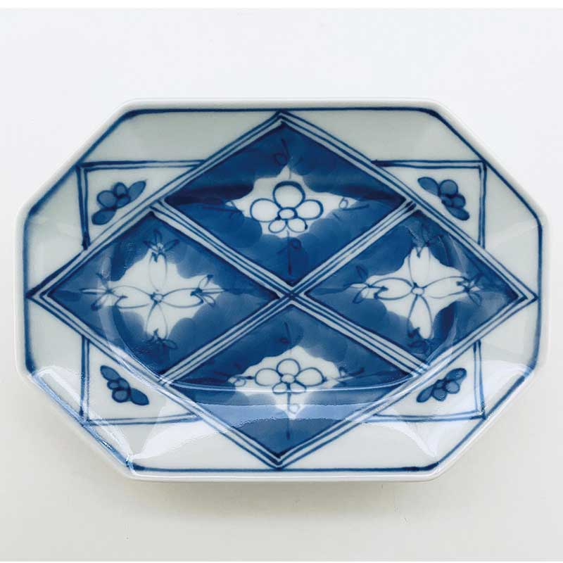 格子八角長角取皿　青花　有田焼