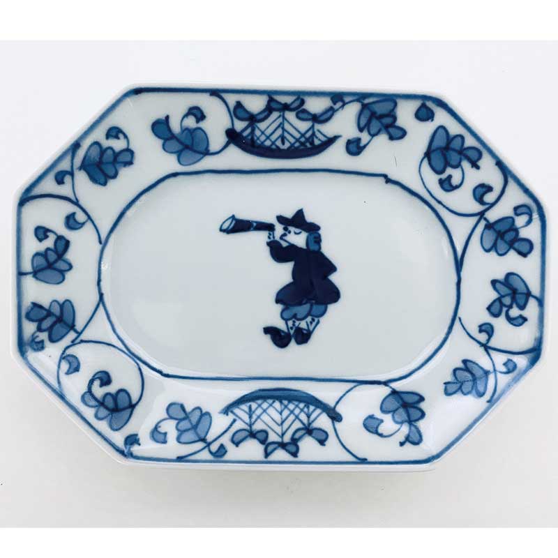 唐草帆船八角長角取皿　青花　有田焼