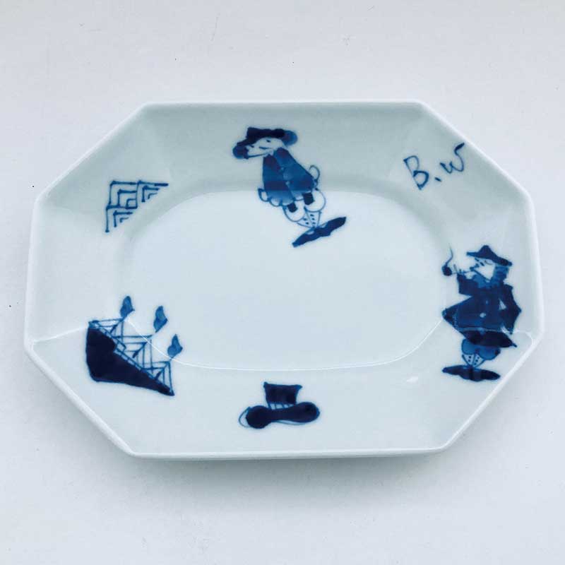 異人づくし八角長角取皿　青花　有田焼