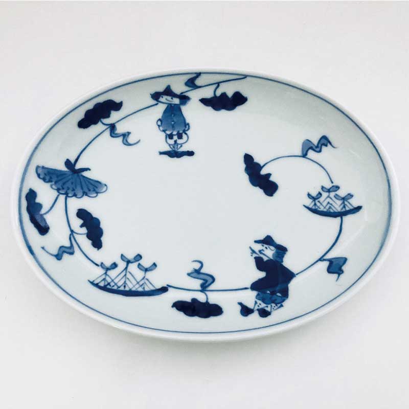 牡丹唐草異人小判銘々皿　青花　有田焼