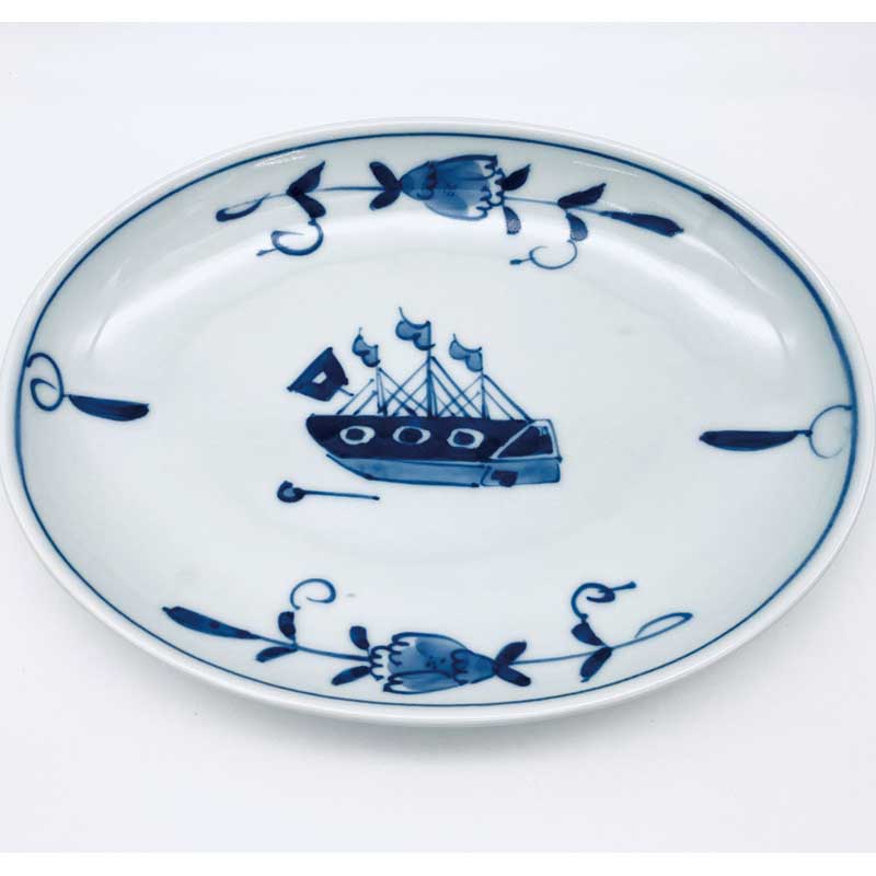 船出小判銘々皿　青花　有田焼