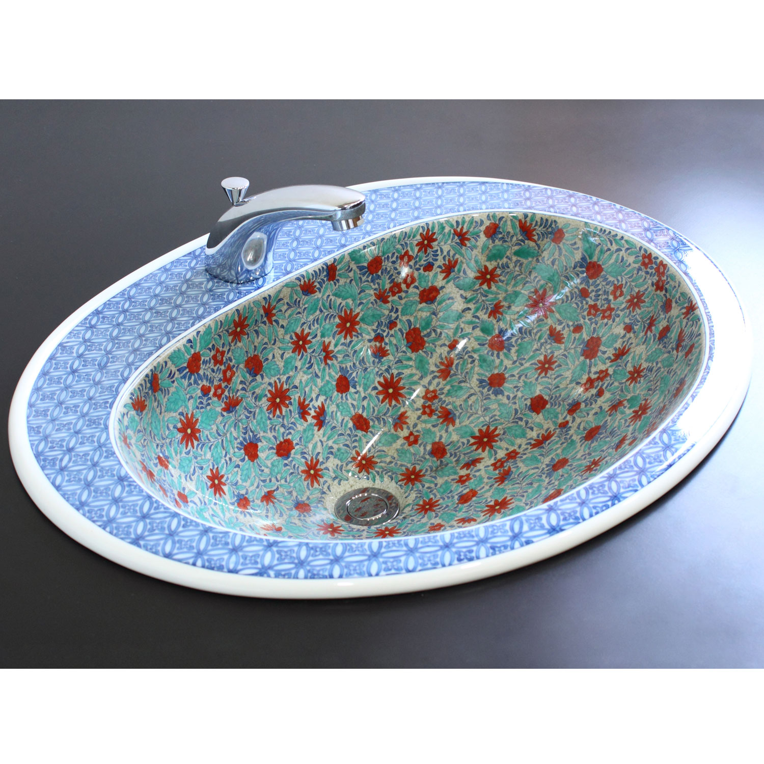 有田焼の楕円型洗面ボウル　鍋島吹き 墨更紗絵　伝統工芸