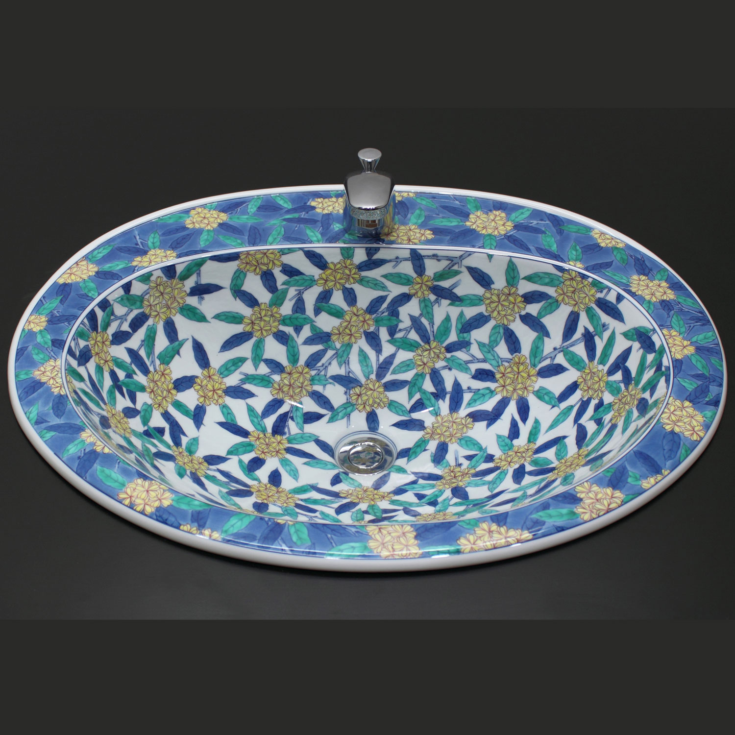 有田焼の楕円型洗面ボウル　鍋島草花 絵楕円型　伝統工芸