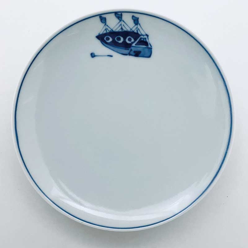 オランダ船丸銘々皿 　青花　有田焼