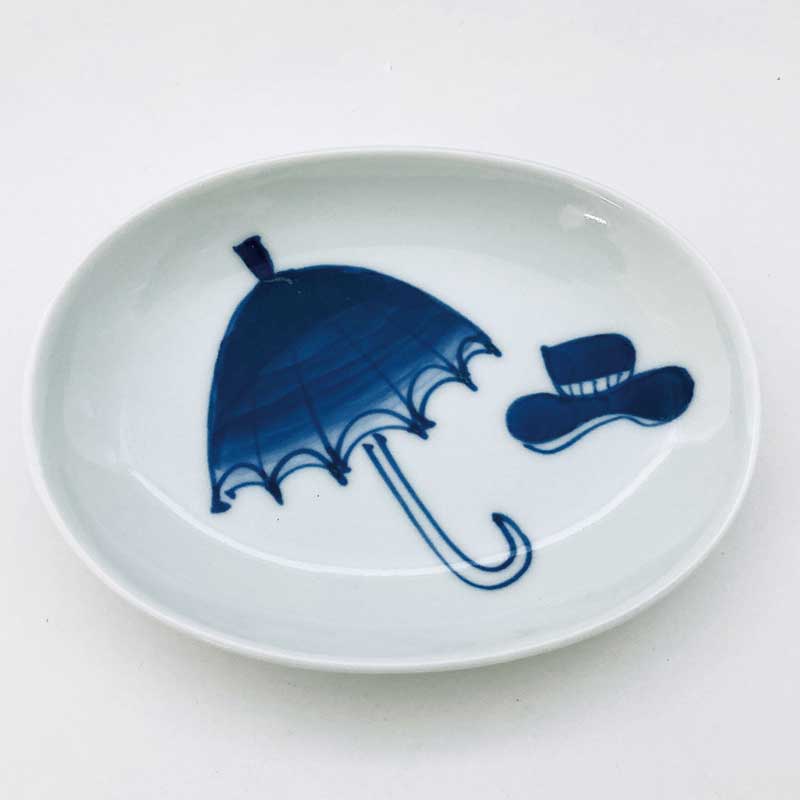 パラソル小判小皿　青花　有田焼