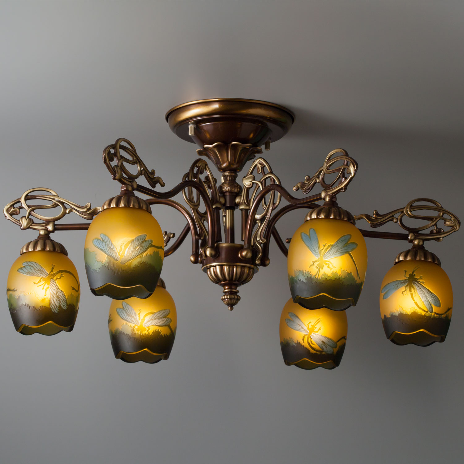 トンボがモチーフの直付け6灯シャンデリア(ナンシーリベラ)　ガレコレクション　送料無料