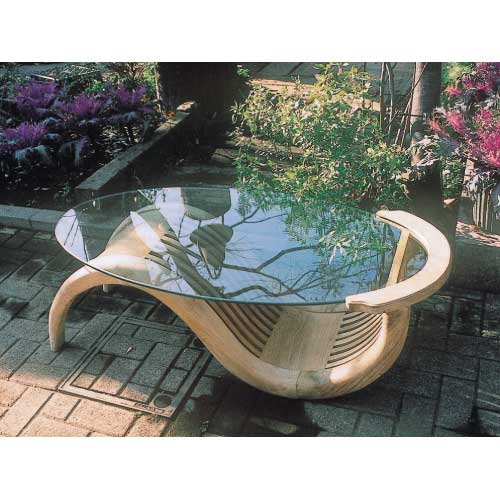 脚の形がおしゃれなチークガラステーブル(無塗装)　【送料無料】