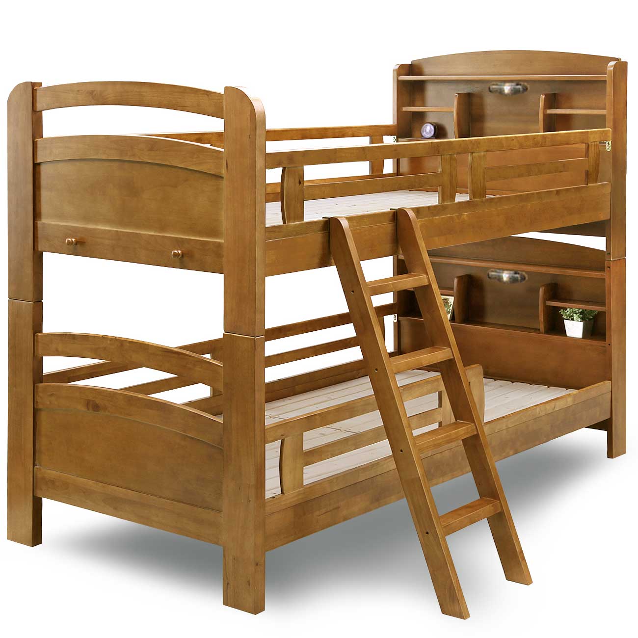 安全設計で天然杢使用の2段ベッド-ノーベルⅢDX棚付-ブラウン