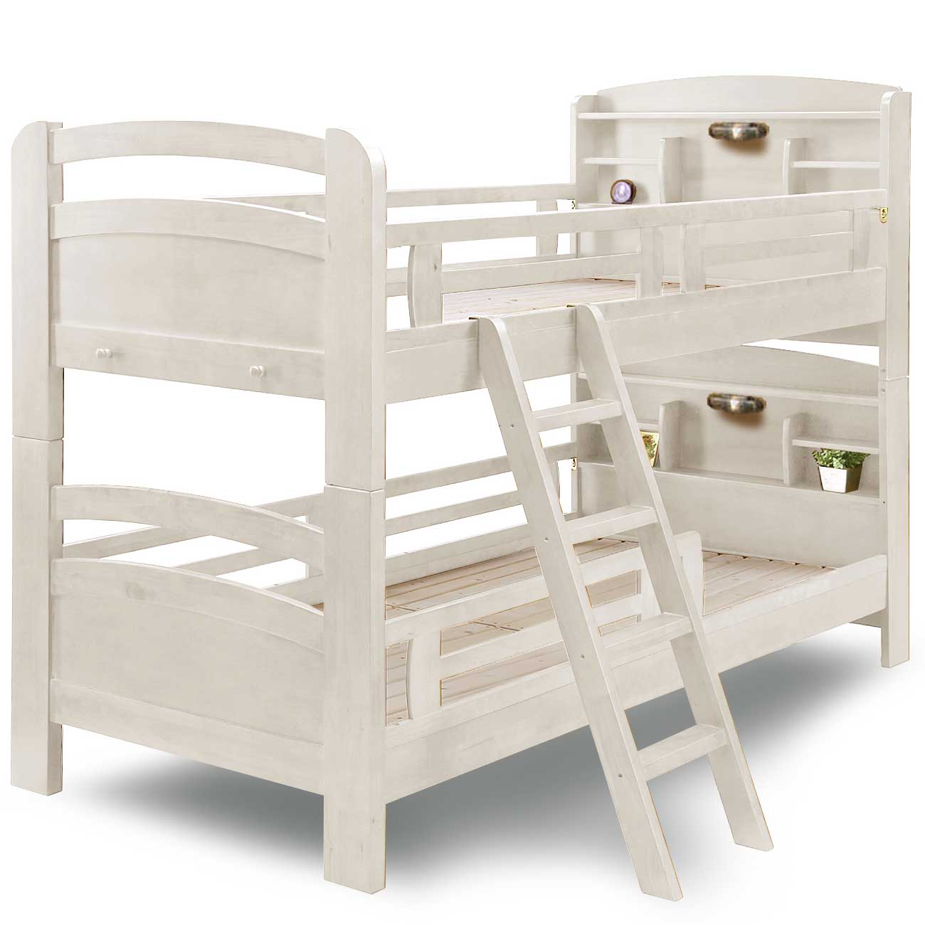 安全設計で天然杢使用の2段ベッド-ノーベルⅢDX棚付-ホワイト