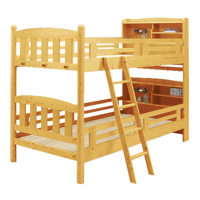 天然杢使用の2段ベッド-ノワールⅡDX棚付き-ライトブラウン