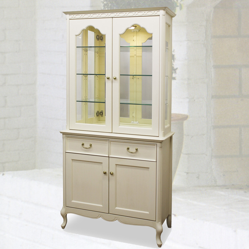 85cm幅の猫脚カップボード　フルールWDX　白の輸入家具　 【送料無料】