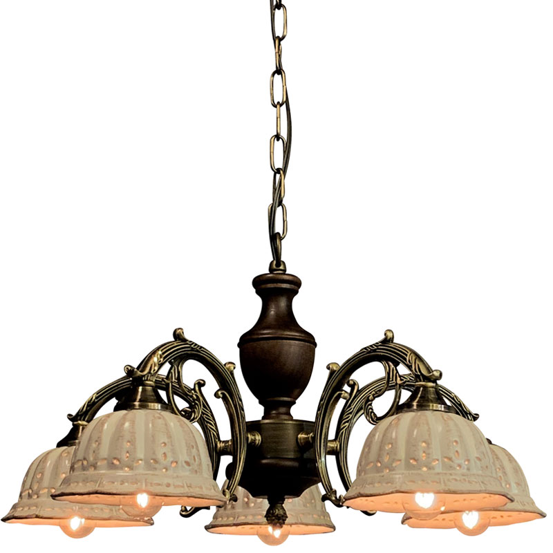 鋳物アームにイタリア製の陶器シェードを合わせました5灯シャンデリア照明